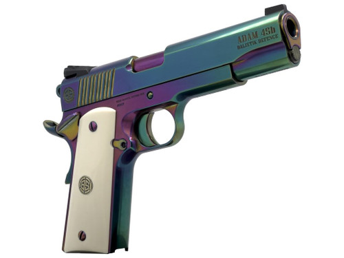 Dickinson LLC DKSN45RBB Adam 1911 Rainbow Full Size 45 ACP 8+1 5" Polished Rainbow PVD Steel B Serrations Slide, Rainbow PVD Steel Frame w/Beavertail