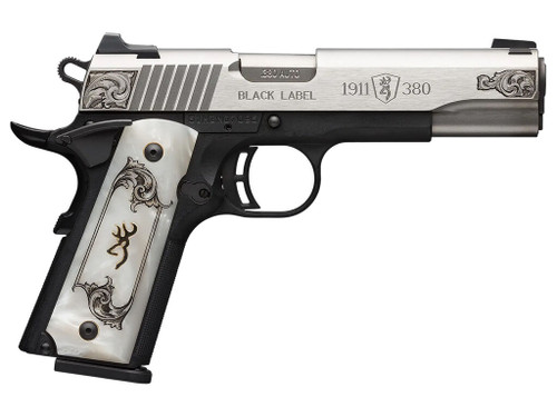 Browning 051966492 1911 Black Label Medallion Full Size Frame 380 ACP 8+1 4.25" Matte Stainless Steel Barrel & Serrated Slide, Matte Black Polymer Frame w/Beavertail, White Imitation Pearl Grip
