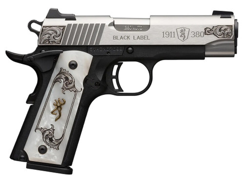 Browning 051967492 1911 Black Label Medallion Compact 380 ACP 8+1 3.63" Matte Stainless Stainless Steel Barrel & Serrated Slide, Matte Black Polymer Frame w/Beavertail, White Imitation Pearl Grip