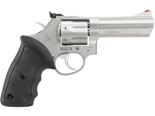Taurus 2-660049 66 Medium 357 Mag/38 Special +P 7 Shot 4" Matte Stainless Steel Barrel, Cylinder & Frame, Black Finger Grooved Rubber Grip, Transfer Bar Safety, Exposed Hammer