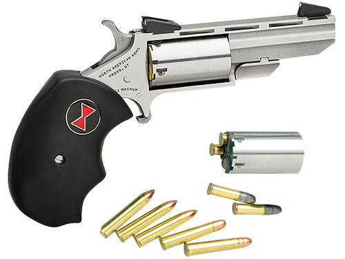 North American Arms BWC Black Widow 22 LR/22 WMR 5 Shot 2" Stainless Steel Vent Rib Barrel, Stainless Steel Frame, Stainless Cylinder, Black Finger Grooved Rubber Grip, Exposed Hammer