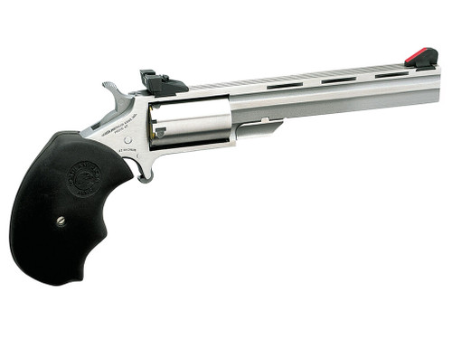 North American Arms MMTM Mini-Master *CA Compliant 22 WMR 5 Shot 4" Stainless Steel Vent Rib Barrel, Stainless Steel Frame, Stainless Cylinder, Black Finger Grooved Rubber Grip, Exposed Hammer