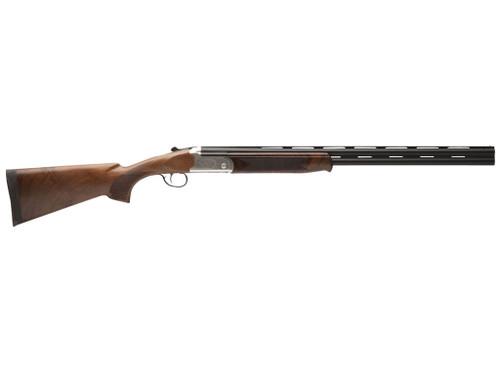 Stevens 22593 555 E Full Size 20 Gauge Break Open 3" 2rd 26" Black Satin Vent Rib Barrel, Engraved Satin Silver Aluminum Receiver, Fixed Satin Turkish Walnut Stock, Ambidextrous