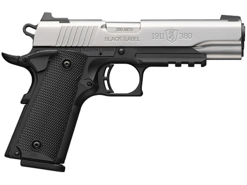 Browning 051120492 1911 Black Label Full Size Frame 380 ACP 8+1 4.25" Stainless Steel Barrel, Satin Stainless Serrated Slide, Matte Black Polymer Frame w/Picatinny Rail, Black Polymer Grip