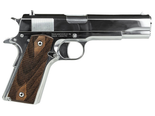 Tisas 10100513 1911 Regulator Full Size Frame 9mm Luger/38 Super 9+1 5" Stainless Steel Barrel, Polished Chrome Steel Serrated Slide, Chrome High Polished Steel Frame w/Beavertail, Turkish Walnut Grip