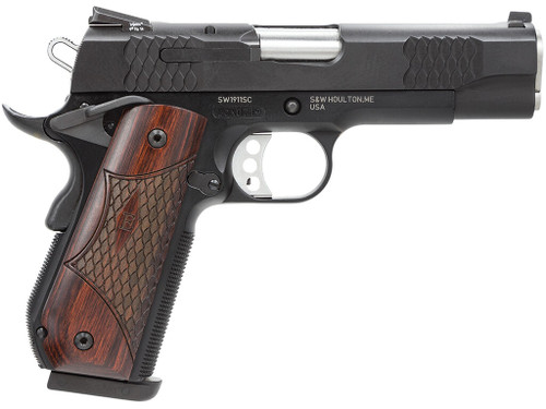 Smith & Wesson 108483 1911 E-Series 45 ACP 7+1/8+1, 4.25" Stainless Steel Barrel, Black Serrated Stainless Steel Slide, Black Aluminum Frame w/Beavertail, Round Butt Laminate Wood Grip