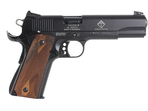 GSG GSG2210M1911CA 1911 *CA Compliant 22 LR 10+1 5" All Black Anodized Steel Barrel, Serrated Slide, Zinc Alloy w/Beavertail Frame, Double Diamond Walnut Grip