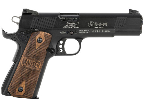 Mauser Rimfire 4110605 1911 22 LR 10+1 5" Black Steel Barrel, Black Aluminum Slide, Black Aluminum Frame w/Beavertail, Walnut Grip, Ambidextrous