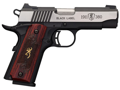 Browning 051913492 1911-380 Black Label Medallion Pro Compact 380 ACP 8+1, 3.63" Target Crown Steel Barrel, Blackened w/Silver Polished Flats Serrated SS Slide, Matte Black Polymer Frame w/Beavertail