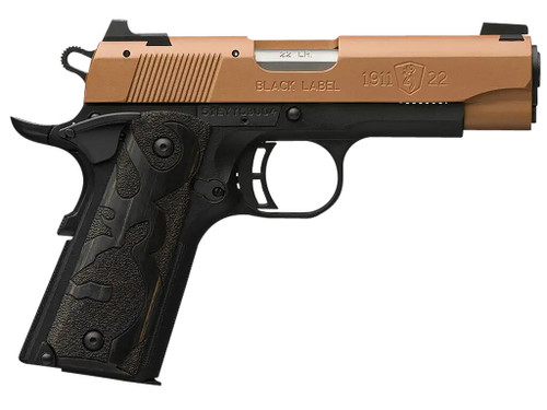 Browning 051896490 1911 Black Label Compact Frame 22 LR 10+1, 3.63" Matte Stainless Steel Barrel, Copper Cerakote Serrated Slide, Matte Black Polymer Frame w/Beavertail, Black Laminate Wood Grip
