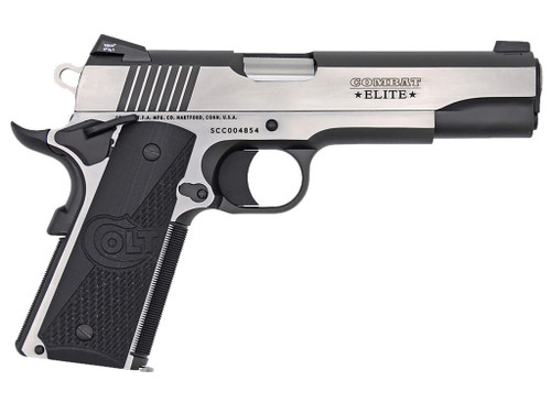 Colt Mfg O1072CE 1911 Combat Elite Government 9mm Luger 5" 9+1 Overall Two-Tone Elite Finish Stainless Steel Frame & Slide with Half Checkered & Scalloped Black G10 Grip & Night Sights