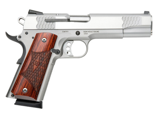 Smith & Wesson 108482 1911 E-Series Serrated Frame 45 ACP 8+1 5" Stainless Steel Barrel, Satin Stainless Serrated Slide & Frame w/Beavertail, Laminate Wood Grip