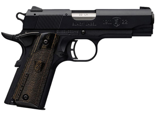 Browning 051815490 1911 Black Label Compact 22 LR 10+1 3.63" Stainless Steel Barrel, Matte Black Serrated Slide & Polymer Frame w/Beavertail, Black Laminate Stippled Grip