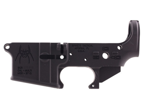 Spikes STLS019 Spider Stripped Lower Receiver with Billet Markings Multi-Caliber 7075-T6 Aluminum Black Anodized for AR-15