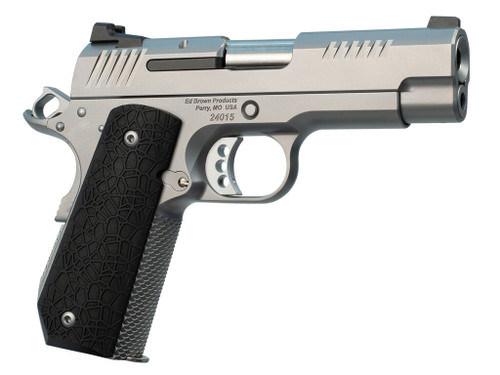Ed Brown EVOKC9 1911 EVO KC9 9mm Luger 9+1 4" Barrel, Snakeskin Serrated Stainless Steel Bobtail Frame, Serrated Slide w/Recessed Slide Stop, Black G10 Grip