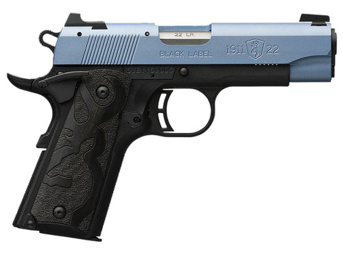 Browning 051898490 1911 Black Label Compact Frame 22 LR 10+1, 3.63" Matte Stainless Steel Barrel, Polar Blue Cerakote Serrated Slide, Matte Black Polymer Frame w/Beavertail, Black Laminate Wood Grip