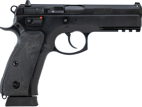 CZ-USA 89352 75 SP-01 Full Size Frame 9mm Luger 19+1 4.60" Black Steel Barrel, Black Steel Serrated Slide, Black Polycoat Steel Frame w/Beavertail & Picatinny Rail, Black Rubber Grip, Right Hand