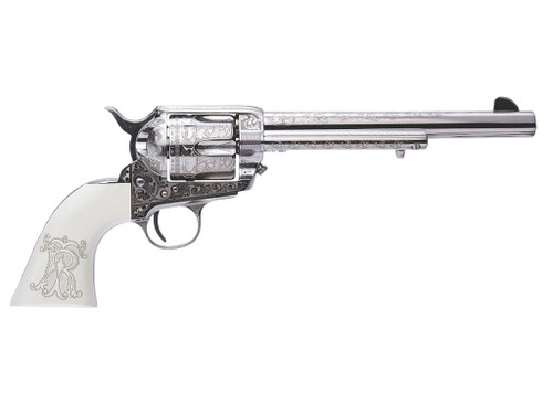 Cimarron PP415LNTRII Teddy Roosevelt Frontier 45 Colt (LC) 6 Shot 7.50" Nickel-Plated Engraved Barrel, Cylinder & Frame, White w/Laser Engraved "T.R." Grip