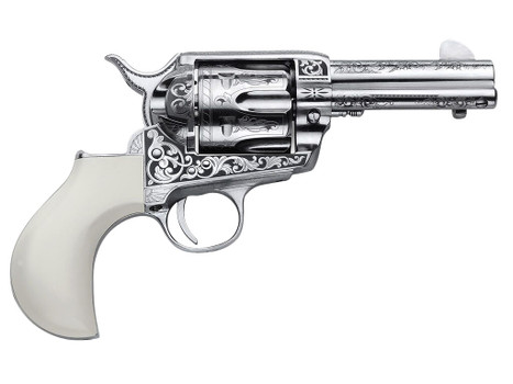 Cimarron PP346HUCKENG Huckleberry 45 Colt (LC) 6 Shot, 3.50" Nickel Engraved Barrel, Cylinder & Frame, Poly-Ivory w/"Huckleberry" Engraved On The Backstrap Grip