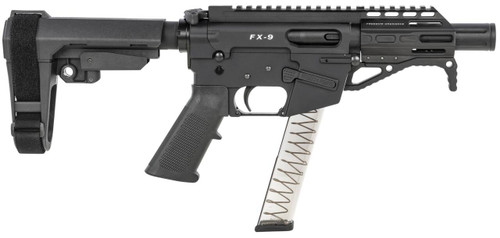 Freedom Ordnance FX9P4S FX-9  9mm Luger 31+1 4" Black Nitride Barrel w/Faux Suppressor, Black Hard Coat Anodized Aluminum Receiver, SB Tactical SBA3 Pistol Brace Stock, Black Polymer Grip UPC: 856169007363