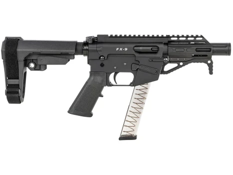 Freedom Ordnance FX9P4S FX-9 9mm Luger 31+1 4" Black Nitride Barrel w/Faux Suppressor, Black Hard Coat Anodized Aluminum Receiver, SB Tactical SBA3 Pistol Brace Stock, Black Polymer Grip