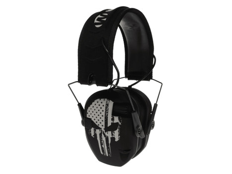 Walker's WPRSEMFSPUN Razor Slim Electronic Freedom Muff 23 dB Over the Head Black w/Distressed Punisher Flag Polymer