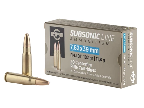 PPU PPS76239 Subsonic 7.62x39mm 182gr Full Metal Jacket Boat Tail 20 Per Box/50 Case