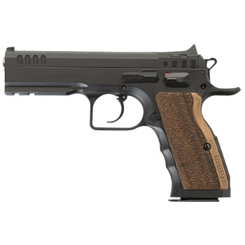 Tanfoglio IFG TF-STOCKI-9SF Defiant Stock I 9mm Luger Caliber with 4.50" Barrel, 16+1 Capacity, Overall Black Finish Steel, Picatinny Rail/Beavertail Short Frame, Serrated Slide & Wood Grip           