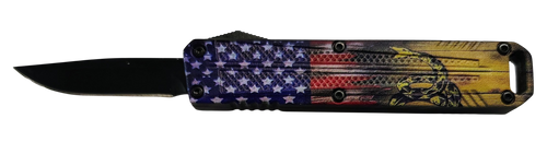 Xcaliber Knife Company  Drop Point  Mini 1.80" OTF Drop Point Plain Black 440C SS Blade, 3.52" US Flag Aluminum Handle                                                                                  