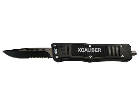 Xcaliber Knife Company 380 ACP Medium 3.25" OTF Part Serrated Black 440C SS Blade, 4.64" Steel Handle