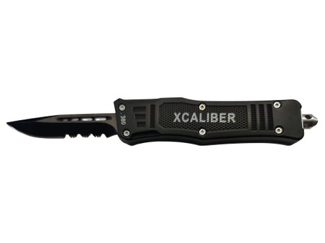 Xcaliber Knife Company 380 ACP Small 2.75" OTF Part Serrated Black 440C SS Blade, 3.91" Steel Handle