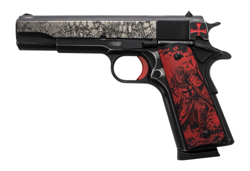 Tisas Arms 10100518AA2 1911 Crusader Full Size Frame 45 ACP 7+1 5" Steel Serrated Slide, Distressed Graphite Cerakote Carbon Steel Frame w/Beavertail, Multi-Color Cerakote Grip                        