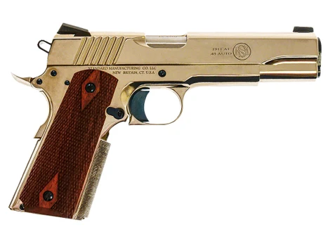 Standard Mfg 1911 Standard Full Size Frame 45 ACP 7+1 5" Stainless Match Grade Barrel, Nickel Steel Serrated Slide, Nickel Steel Frame w/Beavertail, Walnut Double Diamond Grip