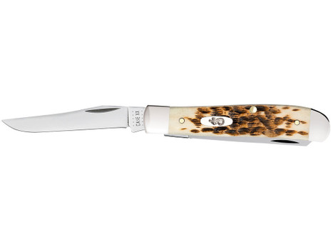 Case 00013 Trapper Mini 2.70"/2.75" Folding Clip Point/Spey Plain Mirror Polished Tru-Sharp SS Blade, Peach Seed Jigged Amber Bone Handle
