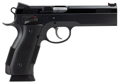 CZ-USA 91731 A01-LD  Full Size Frame 9mm Luger 19+1 4.93" Black Match Grade Bull Barrel, Blued Serrated Steel Slide, Blued Steel Frame w/Beavertail, Black Checkered Polymer Grip                       