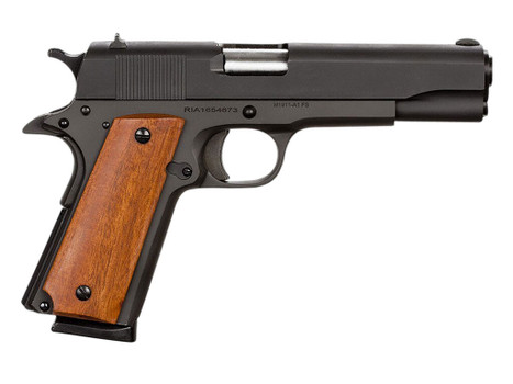 Rock Island 51421 GI Standard FS *CA Compliant 45 ACP Caliber with 5" Barrel, 8+1 Capacity, Overall Black Parkerized Finish Steel, Beavertail Frame, Serrated Slide & Wood Grip