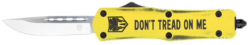 CobraTec Knives MDTOMFS3DNS FS-3 Don't Tread On Me Medium 3" OTF Drop Point Plain D2 Steel Blade Yellow w/"Don't Tread On Me" Aluminum Cerakoted Handle Features Glass Breaker Includes Pocket Clip     