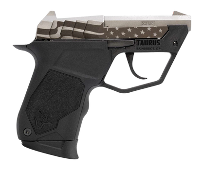 Taurus 1-22TUC139-USFLAG 22TUC  Micro-Compact Frame 22 LR 9+1 2.50" Stainless Tip-Up Barrel, Custom Engraved Serrated Slide, Black Polymer Frame                                                        