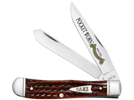 Case 55230 Pocket Worn Trapper Folding Clip Point/Spey Plain Mirror Polished Tru-Sharp SS Blade, Corn Cob Jigged Mahogany Bone Handle
