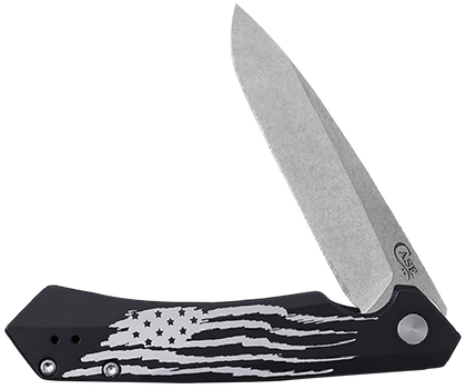 Case 10857 Kinzua  Folding Spear Point Plain Stonewashed S35VN SS Blade, Black Anodized w/US Flag Aluminum Handle                                                                                       