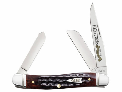 Case 55232 Pocket Worn Stockman Medium Folding Clip Point/Pen/Sheepsfoot Plain Tru-Sharp SS Blade, Mahogany Corn Cob Jigged Bone Handle