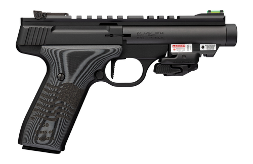 Browning 051612490 Buck Mark Black Label 250 SR 22 LR 10+1 4.40" Matte Black Threaded Bull Barrel, Matte Black Aluminum Frame w/Picatinny Rail Top & Bottom, Black G10 Grip w/ Inscribed Waving Flag, Cr