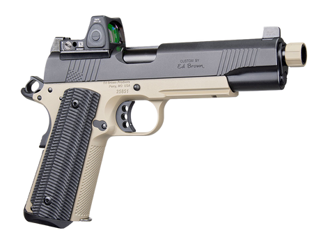 Ed Brown SFSOCM SOCOM Gen4 45 ACP 8+1 5" Black Nitride Threaded Barrel, Black Gen4 Serrated w/Optic Slide, Flat Dark Earth Steel Frame w/Accessory Rail, VZ Alien Grip, Trijicon RMR 3.25 MOA Red Dot Si