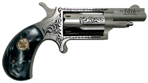 North American Arms 22M50B 50th Anniversary  22 Mag 5 Shot 1.63" Matte Stainless w/"50th Anniversary" & Scroll Engraving, Black Pearl Grip, Exposed Hammer                                              