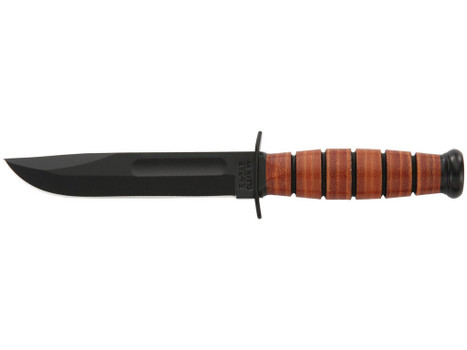 Ka-Bar 1250 Short USMC 5.25" Fixed Clip Point Plain Black 1095 Cro-Van Blade, Brown Leather Handle, Includes Sheath