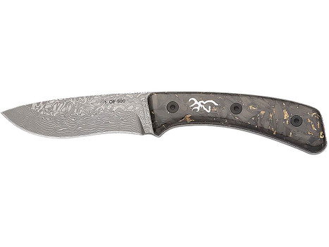 Browning 3220570B Rock 3.50" Fixed Drop Point Plain Acid Etch Damascus Blade, Carbon Fiber Handle