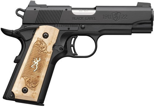 Browning 051068490 1911-22 Black Label Medallion Compact Frame 22 LR 10+1 3.63" Stainless Steel Barrel, Matte Black Serrated Slide, Matte Black Aluminum Frame w/Beavertail, Maple Medallion Grip       