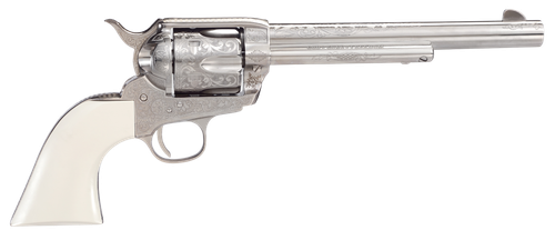 Taylors & Company  1873 Outlaw Legacy Pietta 45 Colt (Long Colt) 6 Shot 7.50" Nickel Engraved Round Barrel, Cylinder & Steel Frame, White PVC Navy Grip, Manual Safety, Exposed Hammer                  