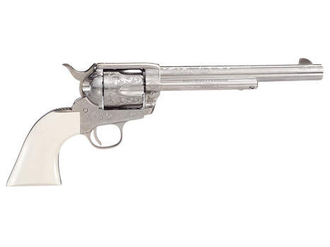 Taylors & Company 1873 Outlaw Legacy Pietta 45 Colt (Long Colt) 6 Shot 7.50" Nickel Engraved Round Barrel, Cylinder & Steel Frame, White PVC Navy Grip, Manual Safety, Exposed Hammer