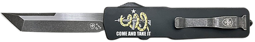 Templar Knife  Excalibur Come And Take It Slim 3.25" OTF Tanto Part Serrated D2 Steel Blade, 5" Black "Come And Take It" Aluminum Handle                                                                